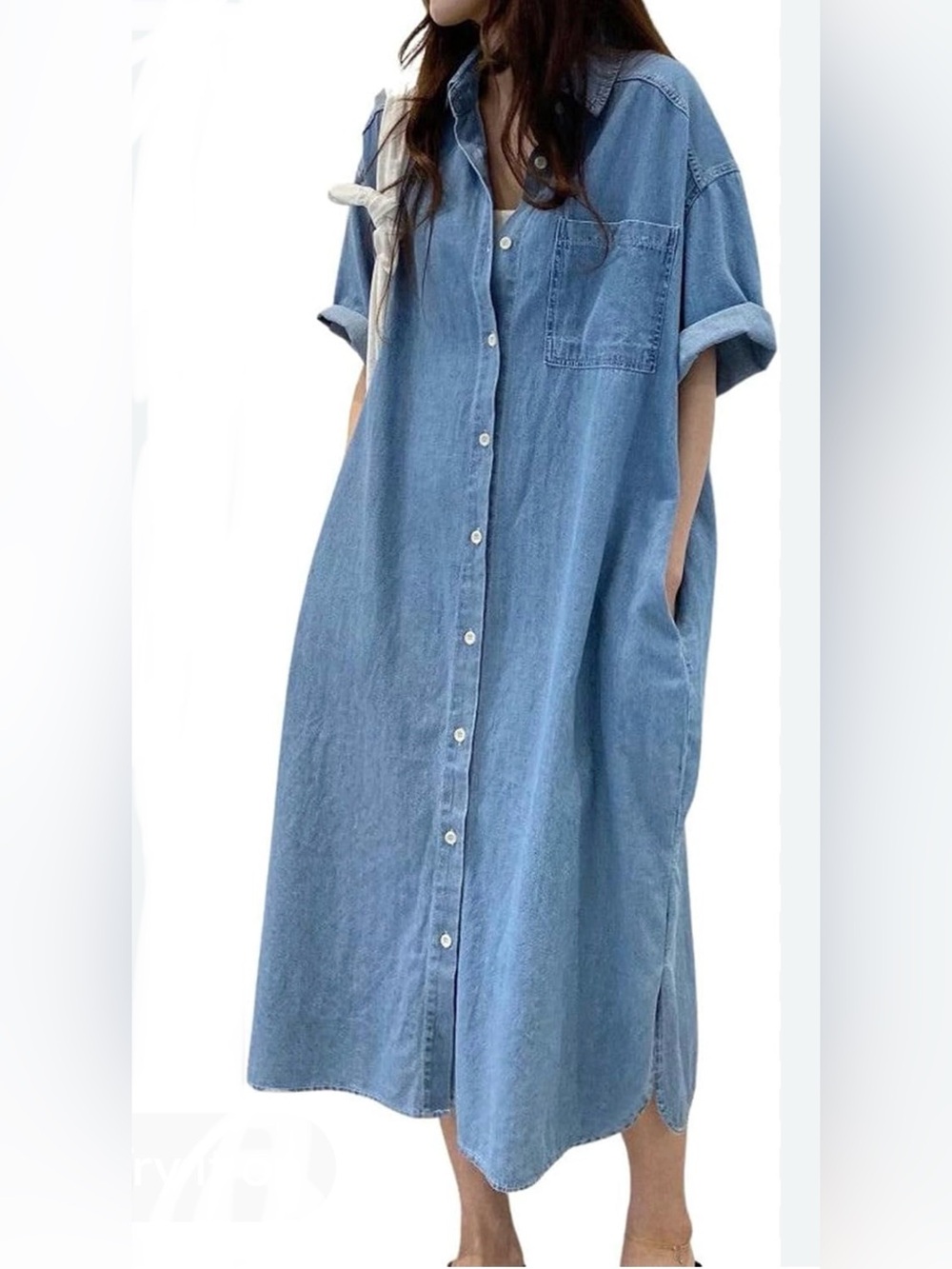 Chouyatou Light Blue Denim Button-Down Midi Dress